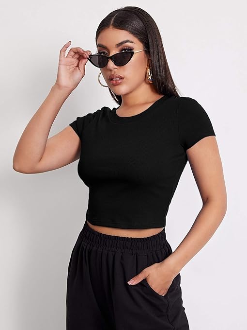 Black Solid Ribbed Slim Fit Baby Tee Crop Top for
